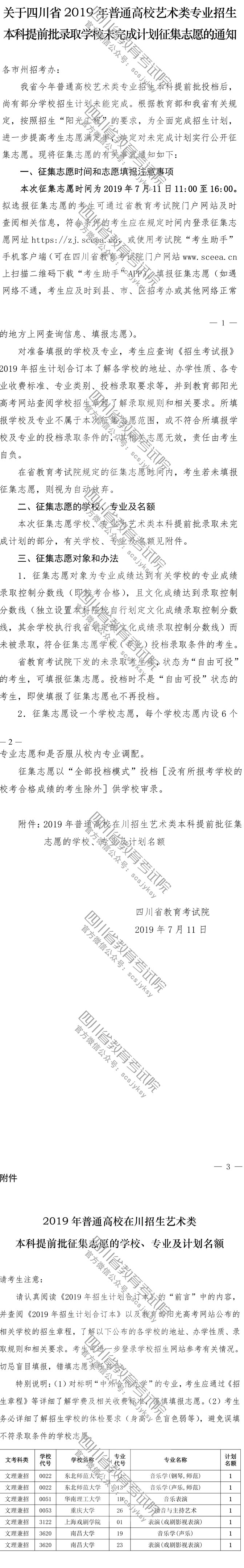 關于普通高校藝術類專業(yè)招生本科提前批錄取學校未完成計劃征集志愿的通知